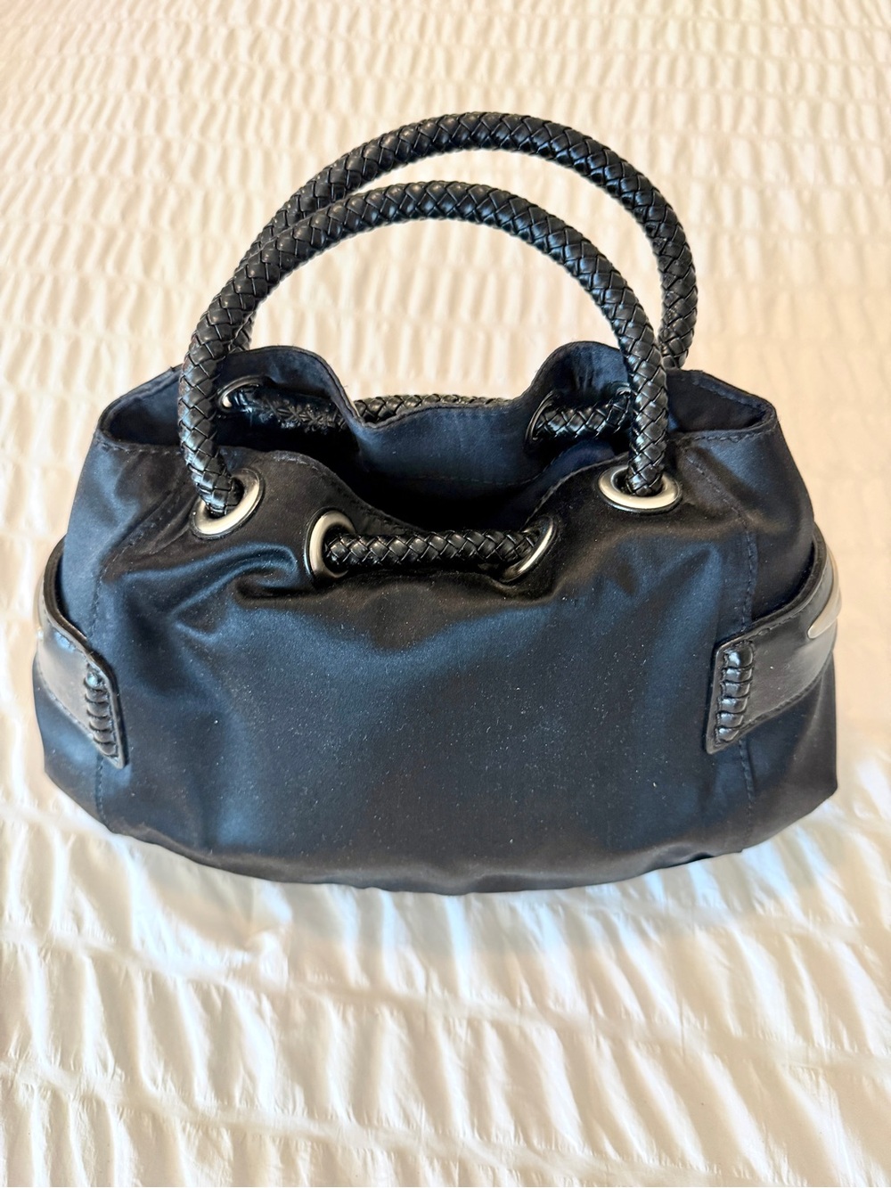 Vintage Cole Haan Black Satin Bucket Bag Braided Leather Rope Handles Drawstring